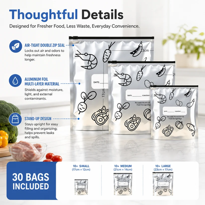 🛡️🥬 Reusable thickened upright aluminum foil sealing storage bags with label