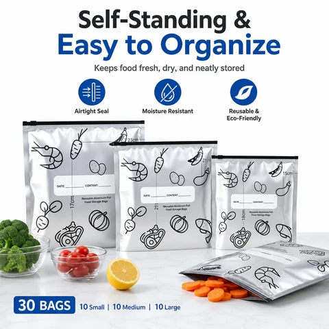 🛡️🥬 Reusable thickened upright aluminum foil sealing storage bags with label